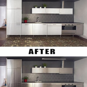 Puede incluir: Fotos de antes y despu&eacute;s de una cocina con armarios y electrodom&eacute;sticos de acero inoxidable. La foto de antes muestra armarios y electrodom&eacute;sticos blancos. La foto de despu&eacute;s muestra la misma cocina con armarios y electrodom&eacute;sticos de acero inoxidable.