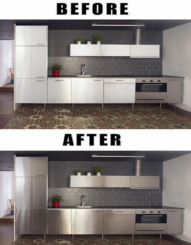 Puede incluir: Fotos de antes y despu&eacute;s de una cocina con armarios y electrodom&eacute;sticos de acero inoxidable. La foto de antes muestra armarios y electrodom&eacute;sticos blancos. La foto de despu&eacute;s muestra la misma cocina con armarios y electrodom&eacute;sticos de acero inoxidable.