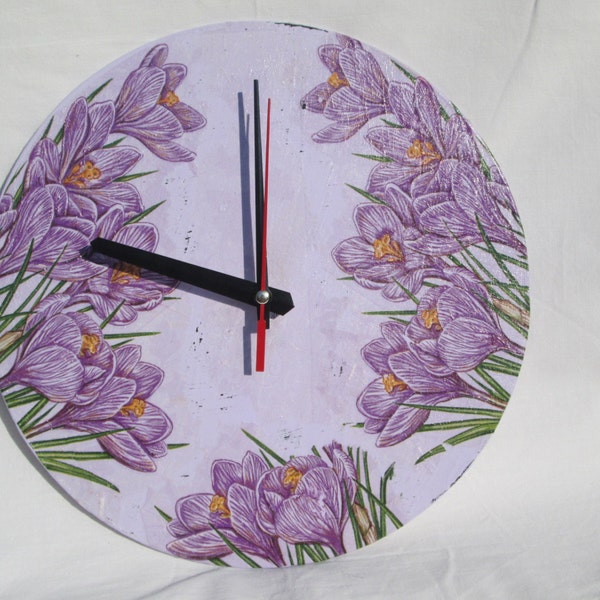 purple clock, clock with crocus, purple crocus, clock with purple flowers