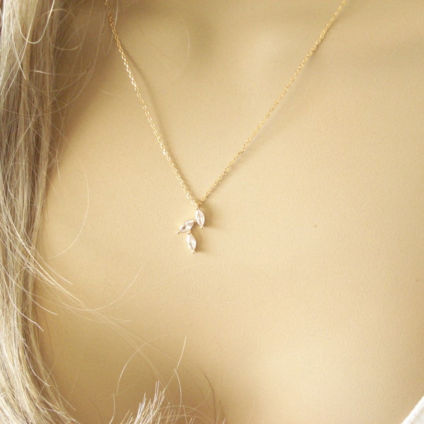 Garden Wedding...Gold CZ Leaf Necklace, Earrings, Bracelet...Bridesmaid Gift, Dainty Marquise shape, Bridal Party Gift