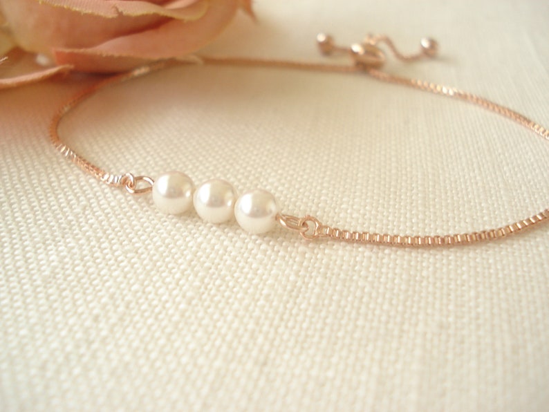 Personalized Pearl Bracelet...Swarovski Pearls w/ Gold, Silver or Rose gold adjustable box chain, Bridesmaid, Sliding Adjustable image 5
