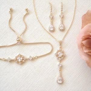 Romantic Bridal Jewelry Set...Gold Teardrop CZ Necklace, Earrings and Bracelet, Vintage style wedding jewelry, Bridesmaid gift, Wedding