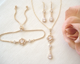 Romantic Bridal Jewelry Set...Gold Teardrop CZ Necklace, Earrings and Bracelet, Vintage style wedding jewelry, Bridesmaid gift, Wedding