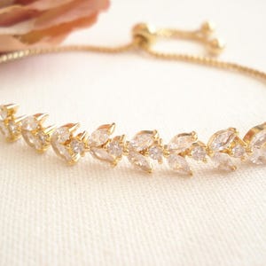 Bridal Bracelet...Gold or Silver Sliding adjustable box chain, CZ Leaf Bracelet, Bridesmaid gift, Crystal wedding Bracelet, Gift for her