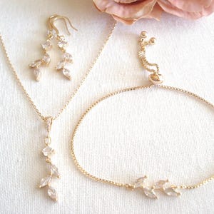 Garden Wedding...Gold CZ Leaf Necklace, Earrings, Bracelet, Wedding Jewelry Set, Bridesmaid Gift, Dainty Marquise shape, Bridal Party Gift,