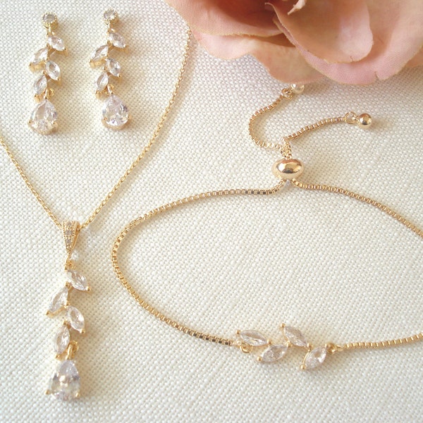 Gold Leaf Jewelry Set...Wedding Jewelry Set, Garden wedding, Bridesmaid Gift, Marquise shape cubic zirconia leaf, Teardrop Bridal Party Gift