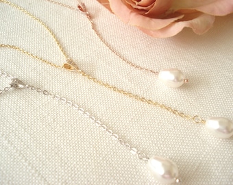 Pearl Y Necklace...Swarovski Solitaire Pearl w/Gold, Rose gold, Silver finish, Teardrop Pearl, Bridesmaid gift, Wedding, Bridal jewelry