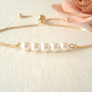 Personalized Pearl Bracelet...Swarovski Pearls w/ Gold, Silver or Rose gold adjustable box chain, Bridesmaid, Sliding Adjustable image 2