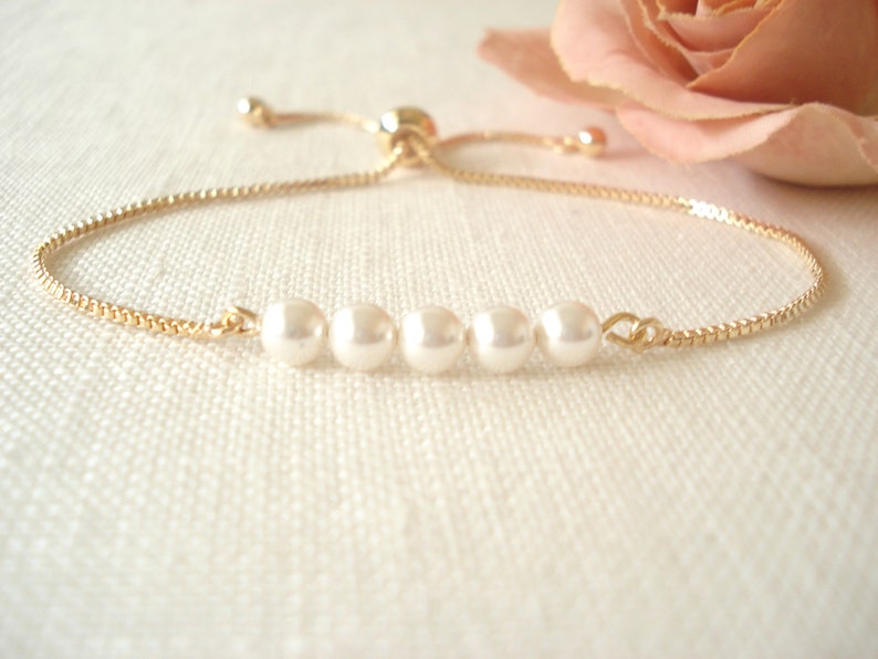 Personalized Pearl Bracelet...Swarovski Pearls w/ Gold, Silver or Rose gold adjustable box chain, Bridesmaid, Sliding Adjustable image 2