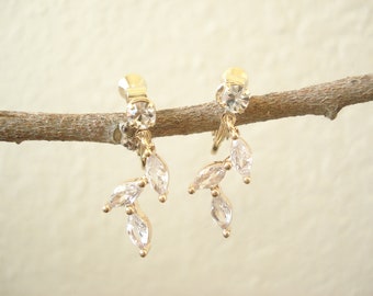 Clip on Earrings...Gold CZ Leaf Necklace, Earrings, Bracelet...Bridesmaid Gift, Dainty Marquise shape, Bridal Party Gift