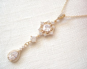 Romantic Bridal Necklace...Gold Teardrop CZ Necklace, Vintage style wedding jewelry, Bridesmaid gift, Wedding, Bridal jewelry