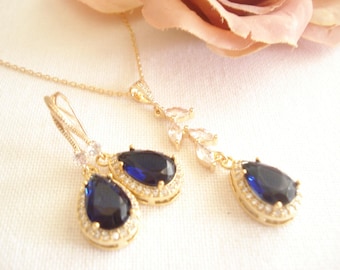 Saphir CZ Schmuck...Hochzeit Schmuck Set in gold, Blauer Saphir Tropfen Halskette, Ohrringe, Armband, Brautjungfer Geschenk, Brautschmuck