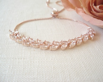 CZ Leaf Bracelet...Gold, Silver or Rose gold Sliding Adjustable box chain Bracelet, Bridesmaid gift, Vine Leaf, for her,