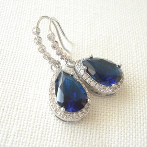 Sapphire CZ Earrings in Silver...Wedding Jewelry Set, Bridal necklace, Blue Sapphire teardrop, Bridesmaid Gift, Teardrop Bridal Party Gift