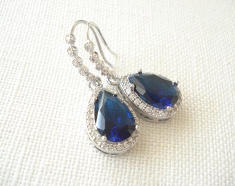 Saphir CZ Ohrringe in Silber ...Hochzeit Schmuck Set, Braut Halskette, blauer Saphir Träne, Brautjungfer Geschenk, Träne Braut Party Geschenk