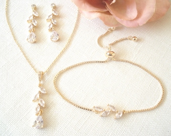 Hochzeit Schmuck-Set, Garten Hochzeit, Brautjungfer Geschenk, Marquise Form Zirkonia Blatt, Teardrop Brautparty Geschenk