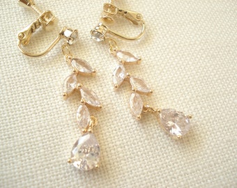 Clip on Earrings...Gold CZ Leaf Earrings...Wedding Jewelry Set, Garden wedding, Bridesmaid Gift, Marquise shape leaf, Leaf Pendant