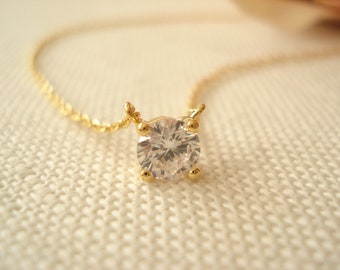 Solitaire CZ Diamond Necklace...Gold, Silver or Rose gold with clear cubic zirconia, bridal, bridesmaid gift, layering