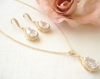 CZ Jewelry Set in Gold, Silver or Rose Gold...Wedding Jewelry, CZ Teardrop Necklace and Earrings, Bridesmaid Gift