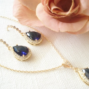 Sapphire CZ Jewelry Set in Gold...Wedding Jewelry Set, Bridal necklace, Blue Sapphire teardrop, Bridesmaid Gift, Teardrop Bridal Party Gift