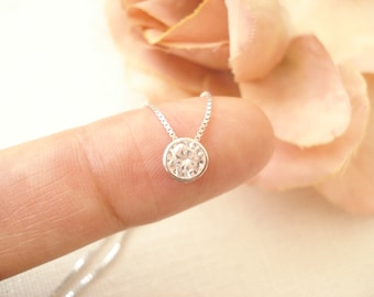 Sterling Silver Solitaire CZ Diamond necklace...Clear Bezel-set round cubic zirconia, bridal jewelry, wedding accessory, bridesmaid gift