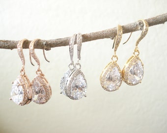 CZ Earrings in Gold, Silver or Rose Gold...Wedding Jewelry, Teardrop Clear CZ Necklace and Earrings, Bridesmaid Gift