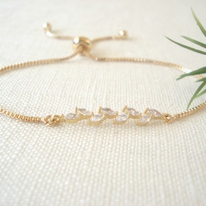 CZ Leaf Bracelet...Gold, Silver or Rose gold Sliding Adjustable box chain Bracelet, Bridesmaid gift, Vine Leaf, for her,
