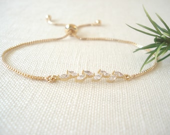 CZ Leaf Bracelet...Gold, Silver or Rose gold Sliding Adjustable box chain Bracelet, Bridesmaid gift, Vine Leaf, for her,