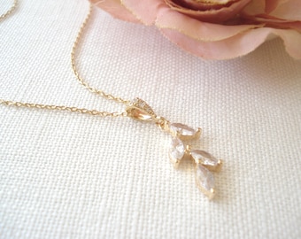 Gold Leaf Necklace...Garden wedding, Bridesmaid Gift, Dainty Marquise shape cubic zirconia leaf necklace, Bridal Party Gift