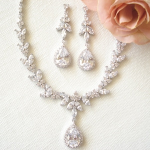 Glamourous Bridal Jewelry Set...CZ Wedding Jewelry Set in Silver, Teardrop Necklace and Earrings, Crystal Bridal set, Moms Jewelry