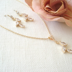 Garden Wedding...Gold Leaf Jewelry Sets...Bridesmaid Gift, Dainty Necklace, Earrings, Bracelet Marquise shape CZ, Bridal Party Gift