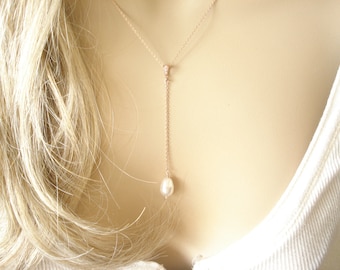 Pearl Y Necklace...Swarovski Solitaire Pearl w/Gold, Rose gold, Silver finish, Teardrop Pearl, Bridesmaid gift, Wedding, Bridal jewelry