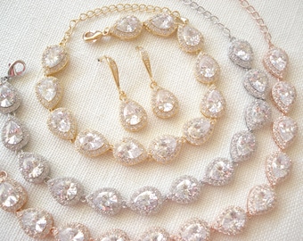 Gold, Silber oder Rose Gold Teardrop Armband und Ohrringe Set, AAA CZ Hochzeit Schmuck, Brautjungfer Geschenk, Braut Party Geschenk