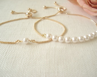 Personalized Pearl Bracelet...Swarovski Pearls w/ Gold, Silver or Rose gold adjustable box chain, Bridesmaid, Sliding Adjustable