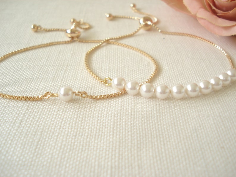 Personalized Pearl Bracelet...Swarovski Pearls w/ Gold, Silver or Rose gold adjustable box chain, Bridesmaid, Sliding Adjustable 画像 1