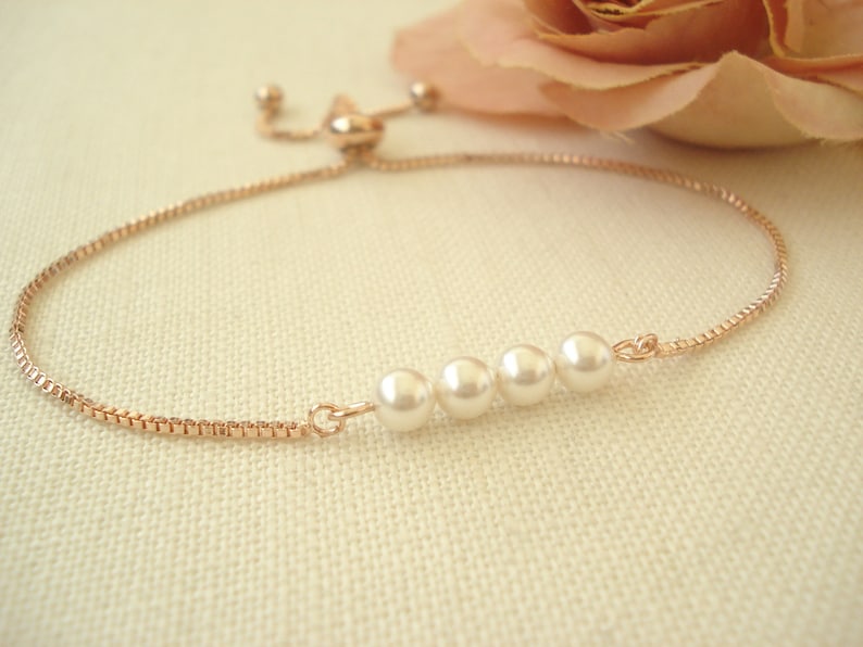 Personalized Pearl Bracelet...Swarovski Pearls w/ Gold, Silver or Rose gold adjustable box chain, Bridesmaid, Sliding Adjustable image 7
