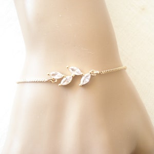 Garden Wedding...Adjustable Gold Leaf Bracelet...Bridesmaid Gift, Dainty cubic zirconia Leaf bracelet, Marquise shape, Bridal Party Gift