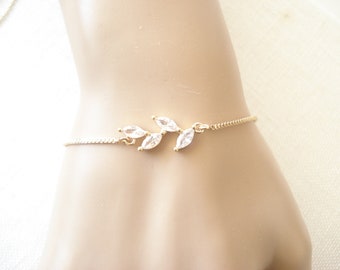 Garden Wedding...Adjustable Gold Leaf Bracelet...Bridesmaid Gift, Dainty cubic zirconia Leaf bracelet, Marquise shape, Bridal Party Gift