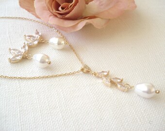Gold Blatt Perle Schmuck Set ... Hochzeit Schmuck Set, Garten Hochzeit, Brautjungfer Geschenk, Marquise Form Zirkonia Blatt, Braut Party Geschenk