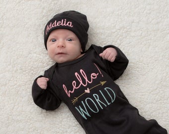 Embroidered Baby Gift Set - Hello! World - Baby Shower Gift - Personalized Baby Set - Personalized Infant Hat - Newborn Picture Outfit