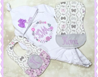 Embroidered Baby Gift Set - Monogram Infant Gown - Baby Shower Gift for Girl - Personalized Baby Set - Monogram Bibs - Monogram Burp Cloth