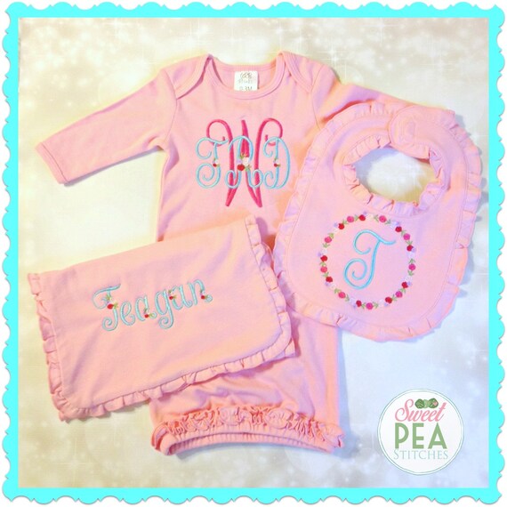 Embroidered Baby Gift Set Monogram Infant Gown Baby Shower Etsy