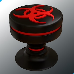 Pode incluir: Objeto decorativo preto com um símbolo de perigo biológico vermelho. Tem formato cilíndrico com uma faixa vermelha e base redonda. O fundo é gradiente. Provavelmente é um botão decorativo.