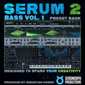 May include: A digital audio workstation (DAW) interface with the text "SERUM 2 BASS VOL. 1 PRESET BANK." The interface features numerous knobs, sliders, and a keyboard, with the text "DESIGNED TO SPARK YOUR CREATIVITY" at the bottom.