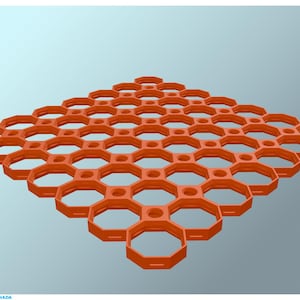 May include: Orange plastic grid with a honeycomb design. The grid is composed of interconnected hexagonal cells, creating a repeating pattern. The product is designed for ground stabilization or drainage applications.