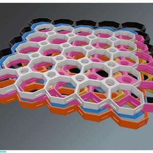 May include: A collection of multi-coloured, honeycomb-shaped plastic pieces. The colours include white, pink, orange, blue, and black. The pieces are stacked, creating a layered effect. The design is geometric and modern, with a repeating hexagonal pattern.