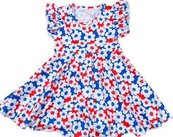 FREE SHIPPING!! 4th Of July Girl's Dress-Baby Dress-All American Floral~Flutter Sleeve Twirl Dress-Fourth Of July Kids Dress-4th Of July