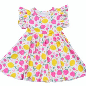 FREE SHIPPING!! Girl&#39;s Dress-Baby Girl Dress -Strawberry Lemon Dress~Flutter Sleeve Twirl Dress-Girl&#39;s Lemon Dress-Girl&#39;s Strawberry Dress