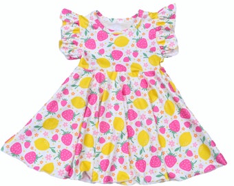 FREE SHIPPING!! Girl's Dress-Baby Girl Dress -Strawberry Lemon Dress~Flutter Sleeve Twirl Dress-Girl's Lemon Dress-Girl's Strawberry Dress