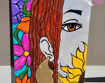 Zara, art floral, peinture de fleurs, locs, art noir, femme noire avec locs, locs redoutables, art africain, art époxy, peintures verticales, fleur